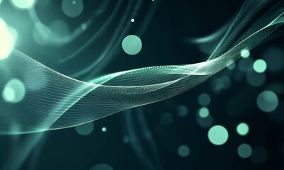 Poster - Abstract futuristic background with digital waves and dots, in a dark blue-green color gradient.

