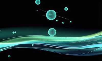 Poster - Abstract digital background with a gradient of dark blue and green, featuring a wavy pattern made up of glowing dots along the bottom edge,