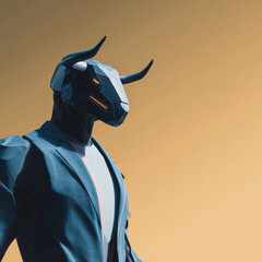 Poster - Cybernetic Bullish Vision: A conceptual art piece envisions a robotic bull figure in a suit, symbolizing strength, determination, and the dynamic nature of the financial market.