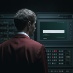 Poster - Retro Hacker: A man in a vintage-style red jacket stands before a retro-styled computer terminal, his back to the camera, intently focused on a login screen.  The scene is dark and mysterious.