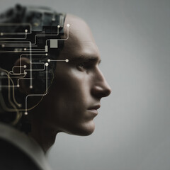 Poster - The Mind of Innovation: A visionary perspective, the profile of a person merges seamlessly with the intricate circuits of technology.