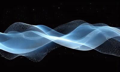 Fototapete - 
Abstract blue digital background with glowing dots and waves on a black background.