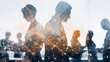 Poster - Connected Silhouettes: Intricate network patterns weave around silhouettes of professionals, embodying digital transformation and collaborative synergy in the modern workplace.