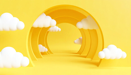 Poster - A vibrant yellow scene featuring stylized arches and fluffy clouds, creating a cheerful and whimsical atmosphere