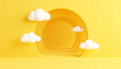 Poster - A bright yellow archway with fluffy white clouds creates a whimsical, cheerful atmosphere, suggesting a playful, imaginative space