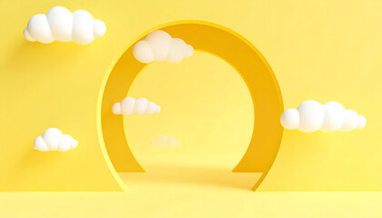 Poster - A bright yellow archway with fluffy white clouds creates a whimsical and cheerful atmosphere, evoking feelings of joy and creativity