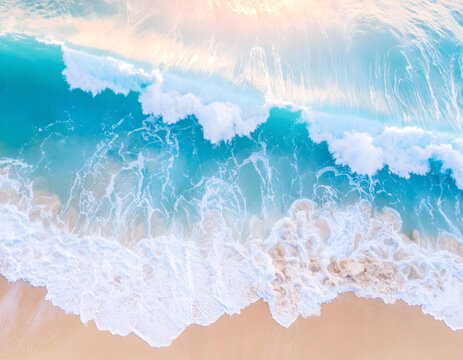 Dynamic overhead view of turquoise ocean waves crashing onto a pristine sandy beach, highlighting the power and beauty of nature