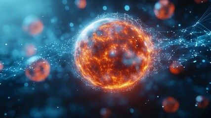 Aufkleber - Fiery Nebula: A mesmerizing cosmic sphere of fiery energy and glowing particles, surrounded by a swirling nebula of deep blues and vibrant oranges, evokes a sense of wonder and the vastness of space.