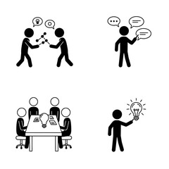 Poster - Four simple pictogram illustrations depict brainstorming, communication, teamwork, and idea generation, ideal for presentations or business projects needing visual aids for collaboration, innovation,