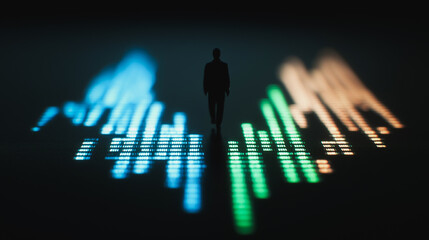 Poster - Navigating the Data Stream: A silhouetted figure stands amidst a dynamic display of colorful data visualizations. Embodying focus, expertise, and strategic foresight. 