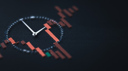 Poster - Time's Tick: Abstract shot of a clock intertwined with financial data, depicting time's influence in the fast-paced world of economics and investment.