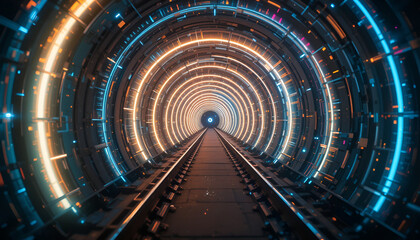 Poster - Enter a vibrant, futuristic train tunnel with glowing neon circles creating a sense of speed and technological advancement.