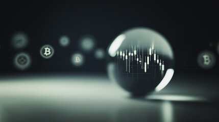 Poster - Bitcoin Market Insight: A transparent orb reveals a dynamic market graph. Several bitcoin symbols float around, giving a sense of the ever-changing and high-tech realm of investment.