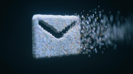 Poster - Digital Message Dissipation: Conceptual image of an email transforming into particles, a visual metaphor for the ephemeral nature of digital communication and data.