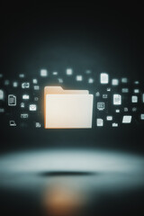 Fototapete - Data Organization: A stylized visualization of a central folder surrounded by digital documents, symbolizing efficient information management, on a blurred background with a gradient.