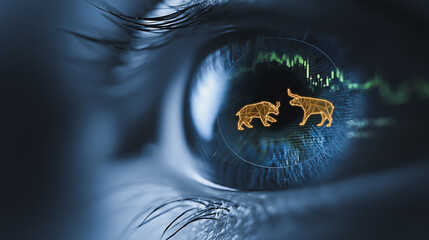 Poster - Market Insight: A close-up of an eye featuring a visual representation of stock market dynamics, symbolizing the vision and analysis involved in financial decisions.