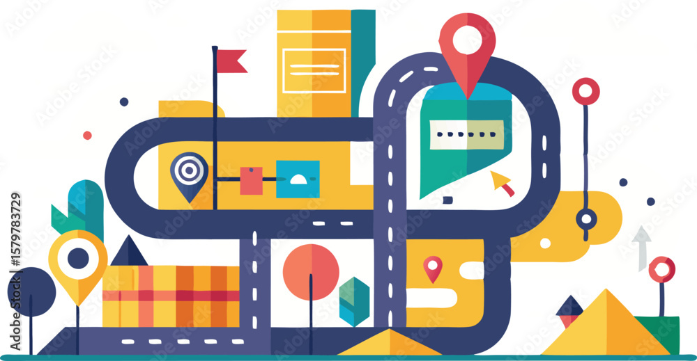 A collection of stylized route and navigation maps, featuring winding ...