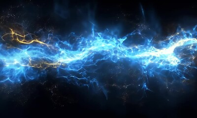 Fototapete - 
Abstract blue digital background with glowing dots and waves on a black background.
