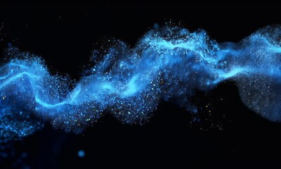 Fototapete - 
Abstract blue digital background with glowing dots and waves on a black background.