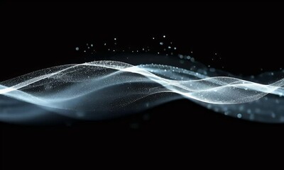 Fototapete - 
Abstract blue digital background with glowing dots and waves on a black background.