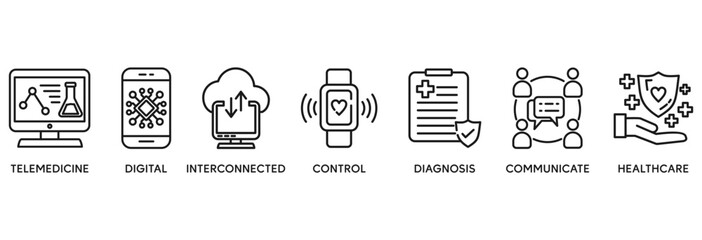 Digital health icon set vector illustration concept relate to  technology in medical healthcare with icon of e-health, telemedicine, interconnected, smart watch, diagnosis, email, and medical app