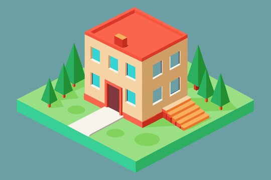Isometric House with Trees A Simple 3D Illustration for Design