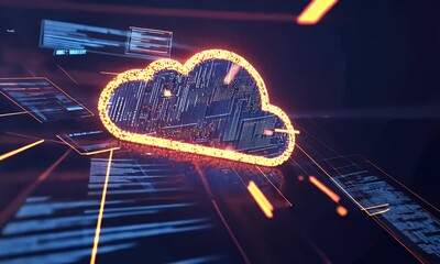Aufkleber - A cloud with glowing data and icons on it, surrounded by laptops, smartphones, 