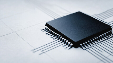 Poster - Integrated Circuit in Focus: A close-up shot of a black integrated circuit on a schematic background, conveying the intricacy and innovation within the field of technology. 