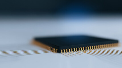 Poster - Microchip Technology: Close-up of a sophisticated microchip, showcasing its intricate circuitry and golden pins.  The image highlights the complexity and precision of modern technology.