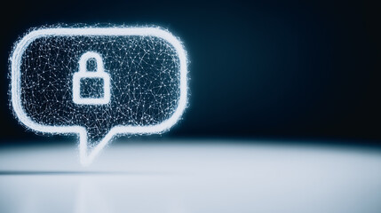 Poster - Secured Message Icon: A luminous speech bubble icon, outlined with delicate particles and an embedded padlock symbol, represents secure and encrypted communication in the digital realm.