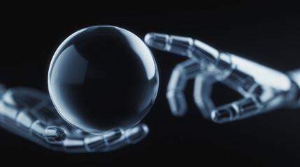 Poster - Embracing the Sphere: A close-up depiction of a metallic robotic hand, gracefully cradling a luminous glass sphere, with another reaching towards it.