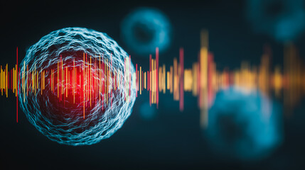 Poster - Cellular Symphony: A high-tech image of a cell, radiating a dynamic spectrum of red light and waveforms, conveying the complexities of biological processes. 