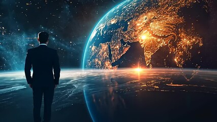 Wall Mural - Businessman gazing at Earth from space, illuminated continents and stars in the background