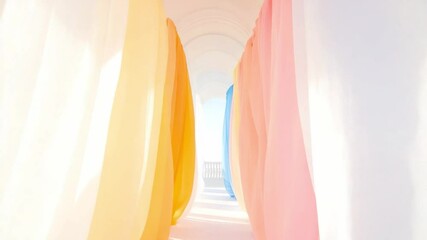 Poster - Colorful Veil Pathway: A captivating hallway is adorned with cascading veils of vibrant color, creating an ethereal atmosphere, symbolizing a passage to new experiences.