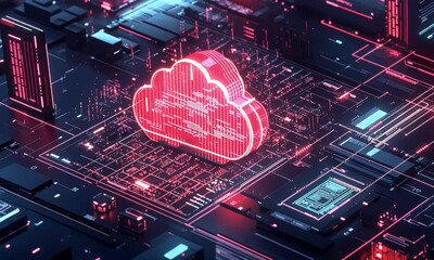 Aufkleber - A cloud with glowing data and icons on it, surrounded by laptops, smartphones, 
