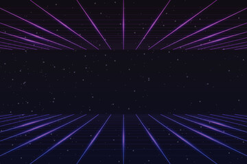 Poster - Retro cyberpunk style 80s game scene pixel art 8-bit sci-fi background. glowing neon grid and stars from vintage arcade computer games.