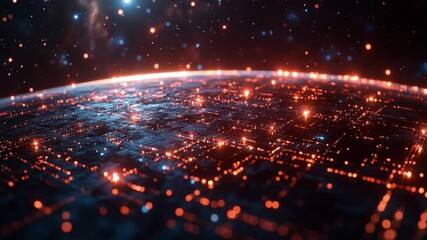 Poster - Global Network: A mesmerizing digital rendering of Earth's surface, illuminated by a vibrant network of interconnected nodes, symbolizing global connectivity and technological advancement.