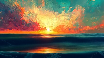 Wall Mural - Vibrant sunset over calm ocean waters, with colorful clouds reflecting on the surface at twilight