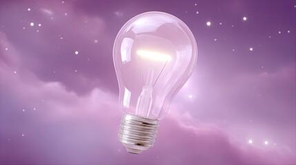 Poster - Floating light bulb with soft purple background and stars, representing ideas and creativity in a dreamy atmosphere
