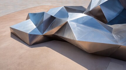 Poster - Abstract metal sculpture with geometric shapes and modern design in outdoor urban setting featuring smooth reflective surfaces