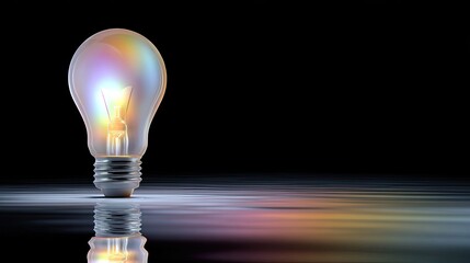 Poster - Ethereal Light Bulb with Colorful Reflection on Black Background Creating a Stunning Visual Impact