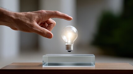 Poster - Innovative Concept of Lightbulb with Hand Touching for Creativity and Inspiration in Modern Design Setting