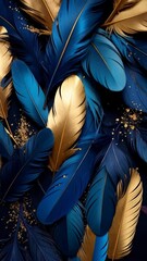 Aufkleber - elegant dark blue and golden feathers abstract background texture with small scattered gold particle