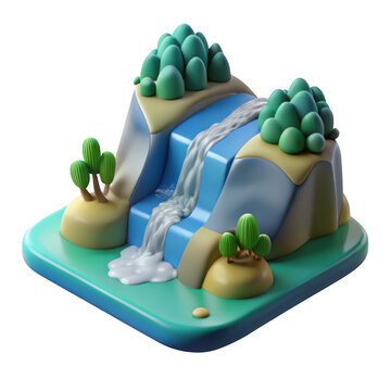 Stylized 3d isometric waterfall scene with lush green trees and blue water isolated on transparent background