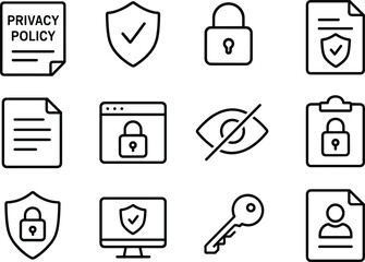Fototapete - Privacy Policy Line Icon Set Vector Illustration: Data Protection, Security, and Confidentiality Symbols Collection