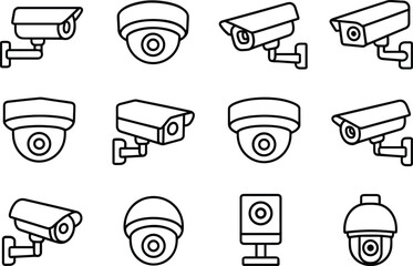 Poster - Security Camera Line Icon Set Vector Illustration: CCTV, Surveillance, and Monitoring System Symbols Collection