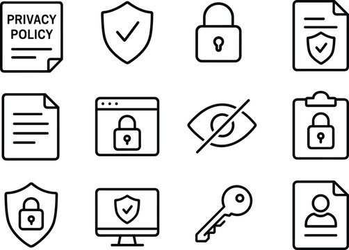 Privacy Policy Line Icon Set Vector Illustration: Data Protection, Security, and Confidentiality Symbols Collection