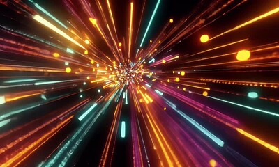 Fototapete - A vibrant explosion of colorful light streaks against the dark background, creating an energetic and dynamic visual effect. The lights form intricate patterns that resemble fireworks or laser beams, 