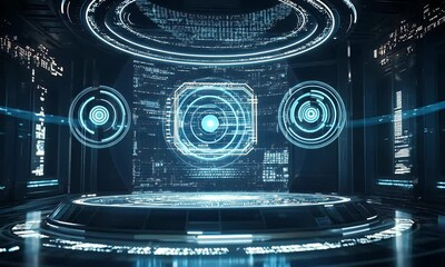 Poster - 
Abstract futuristic blue technology background with glowing circular podium and hologram elements for product presentation in a virtual space, 
