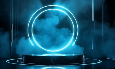Poster - 
Abstract futuristic blue technology background with glowing circular podium and hologram elements for product presentation in a virtual space, 